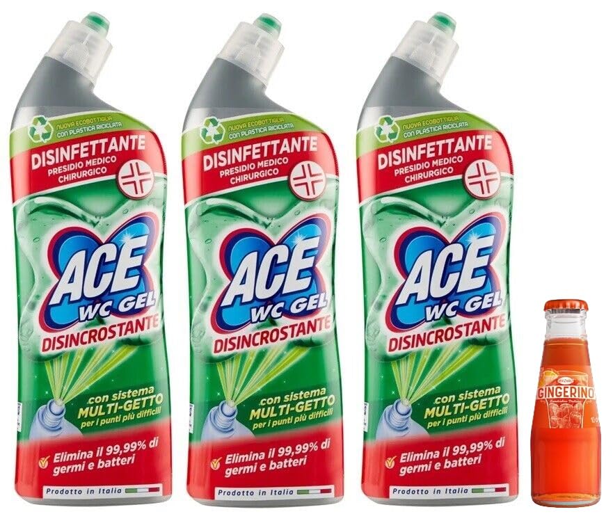 3x ACE Wc Gel Disincrostante,detergente per WC con sistema multigetto,700ml +1x Gingerino Recoaro Aperitivo Italiano 10cl IN OMAGGIO
