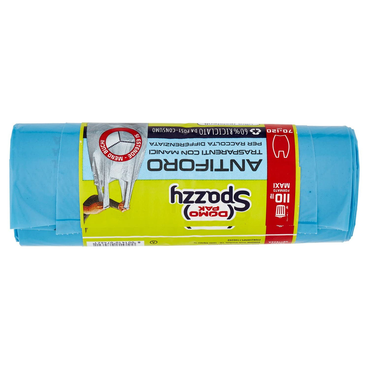 Domopak Spazzy Sacchi Nettezza Antiforo Con Manici - Raccolta Differenziata - Condominiale 110 Lt - Azzurro Trasparente - 330 g