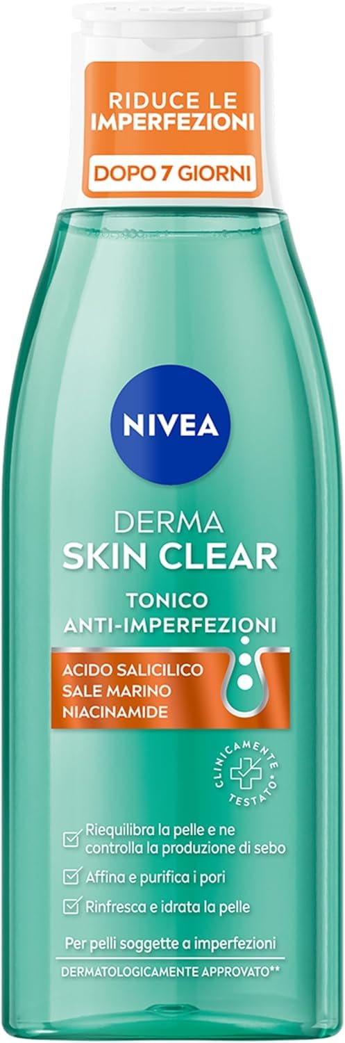 NIVEA Derma Skin Clear Tonico Anti-Imperfezioni 200 ml, Tonico viso pelle grassa e mista con Acido Salicilico, Sale Marino e Niacinamide, Tonico viso riequilibrante per la cura della pelle