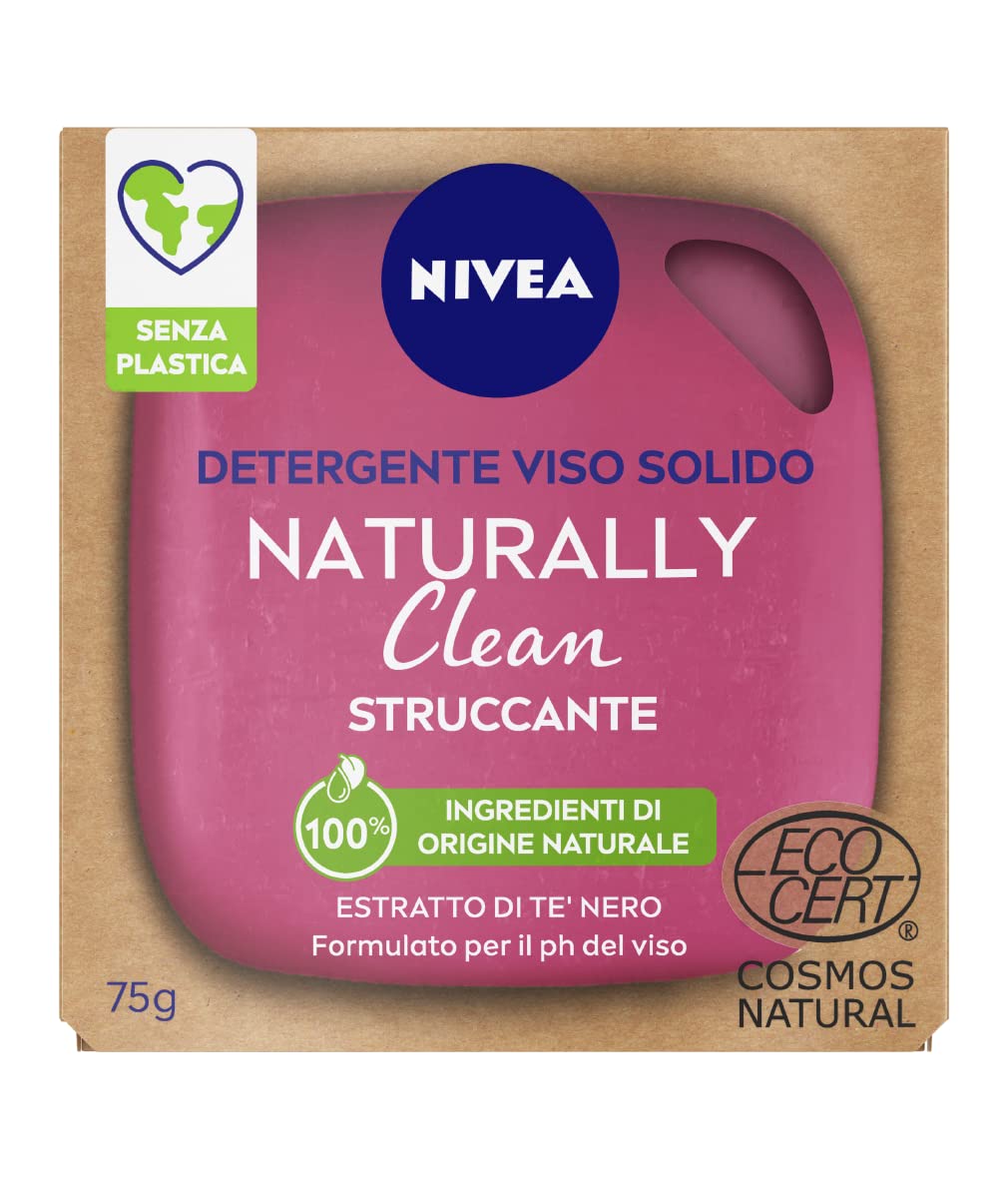 NIVEA NATURALLY CLEAN Struccante Viso 75 g, Struccante solido al 100% naturale con Estratto di Tè Nero, Struccante viso solido detergente e purificante con formula vegana