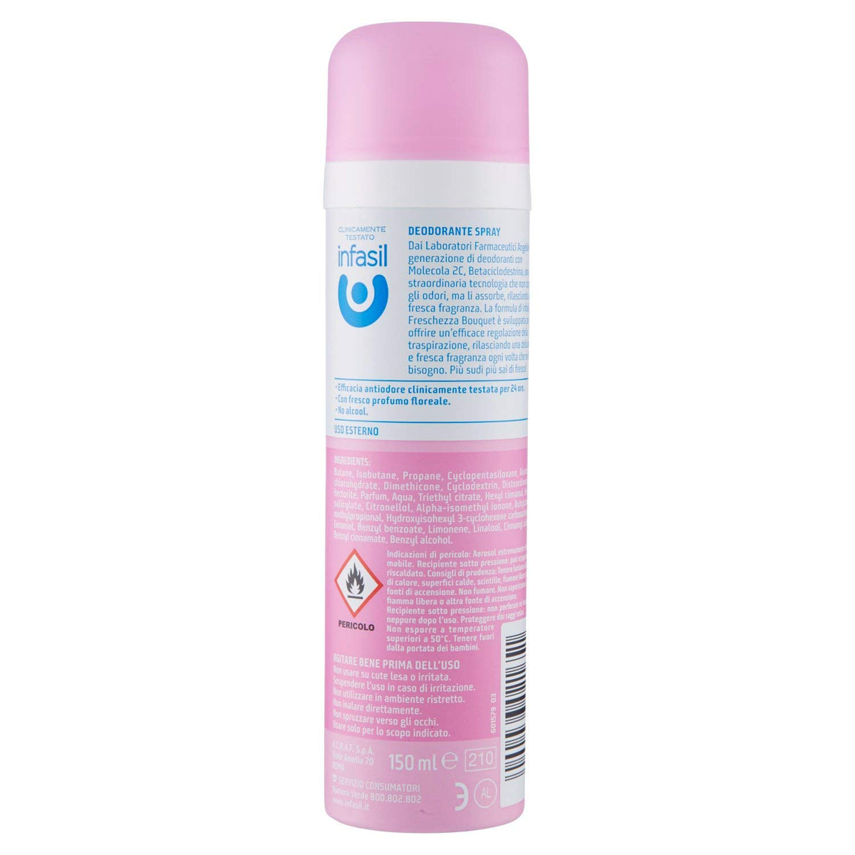 Infasil Deodorante Spray Freschezza Bouquet, Deodorante Donna con Molecola 2C e Betaciclodestrina che Assorbe gli Odori Sgradevoli, Senza Alcol, Efficace Fino a 24h, Profumo Floreale, 150 ml