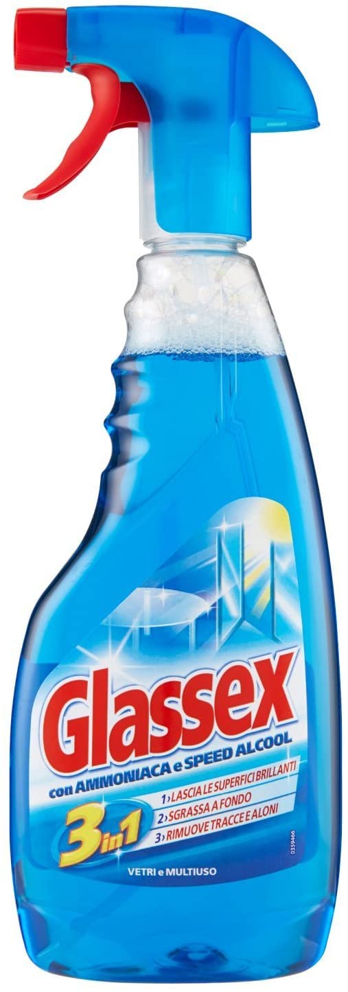 Glassex Spray Superfici Con, Per Vetri, Spray Multiuso, Asciuga Rapido, Spray Superfici Da 500 Ml, Multicolore, Ammoniaca, Limone, 12 Flaconi