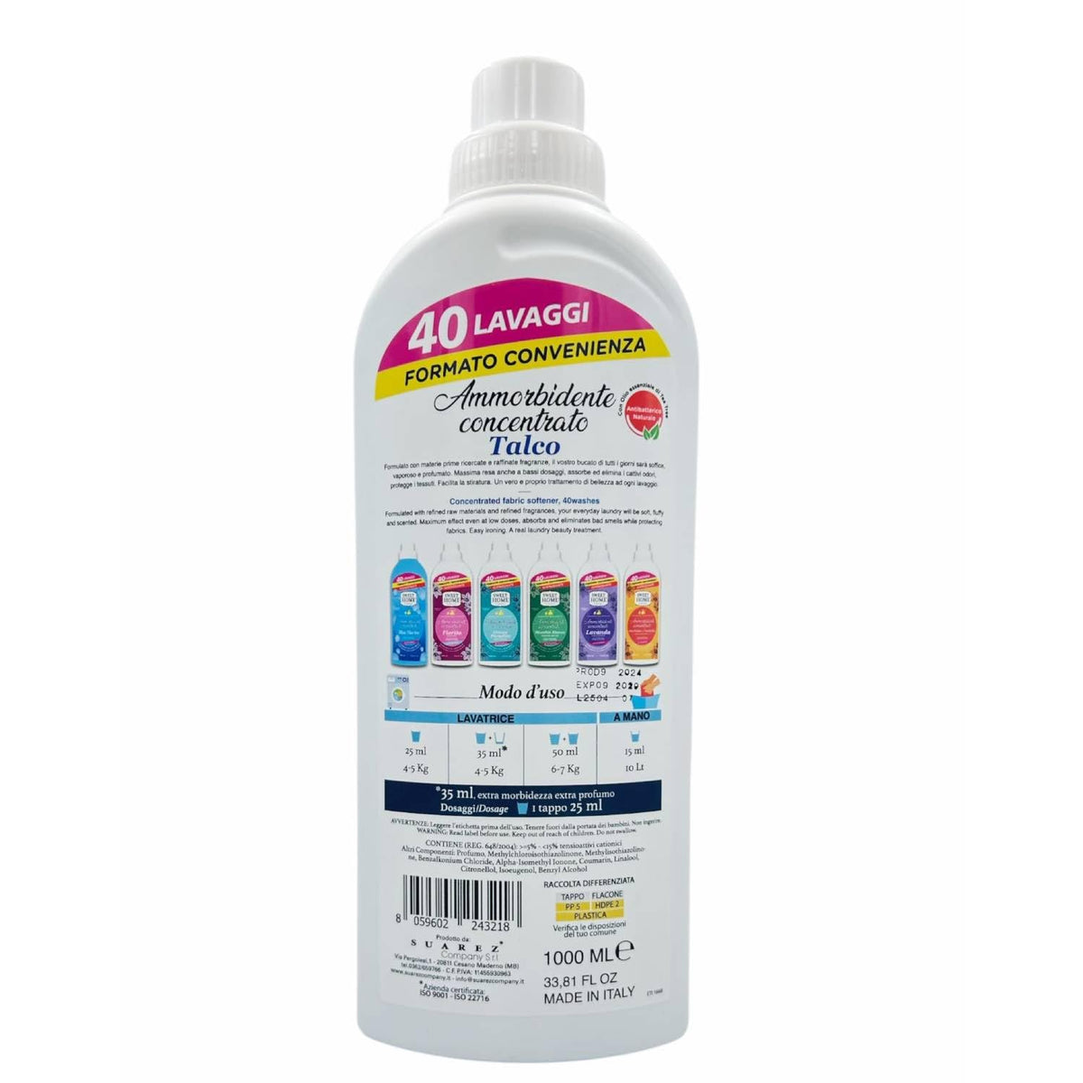 Suarez Sweet Home Collection Ammorbidente Concentrato 40 Lavaggi A Mano Lavatrice Profumo Di Talco 1000ml (6 Unità)