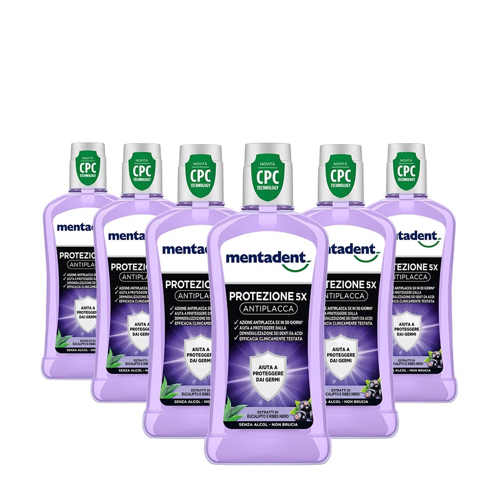 Mentadent Collutorio Protezione 5x Antiplacca con CPC per una protezione antibatterica per la bocca, 6 pezzi da 400 ml