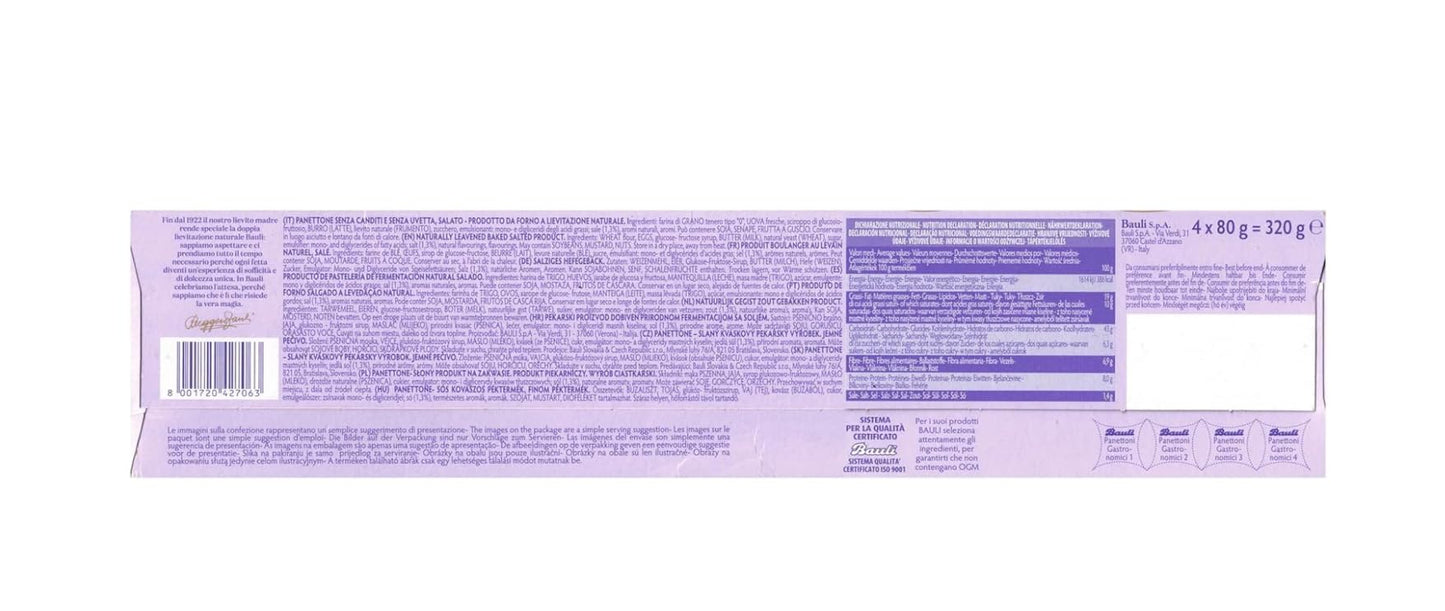Panettoncini Bauli Gastronomici è una confezione da 3 mini panettoni salati da 320g ciascuno, senza canditi né uvetta, ideali per farciture salate.