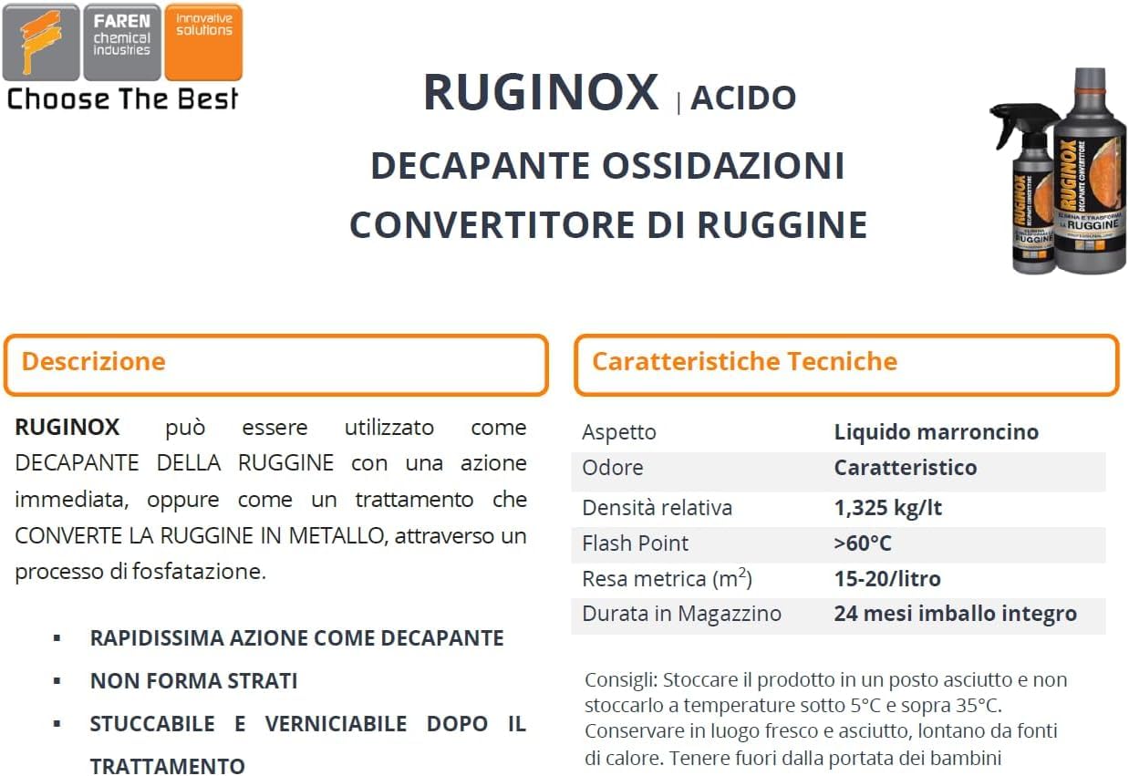 Faren RUGINOX Spray, Decapante e Convertitore di Ruggine,rimuove ossidazioni con azione immediata,Non forma strati,stuccabile e verniciabile dopo il trattamento,250 ml