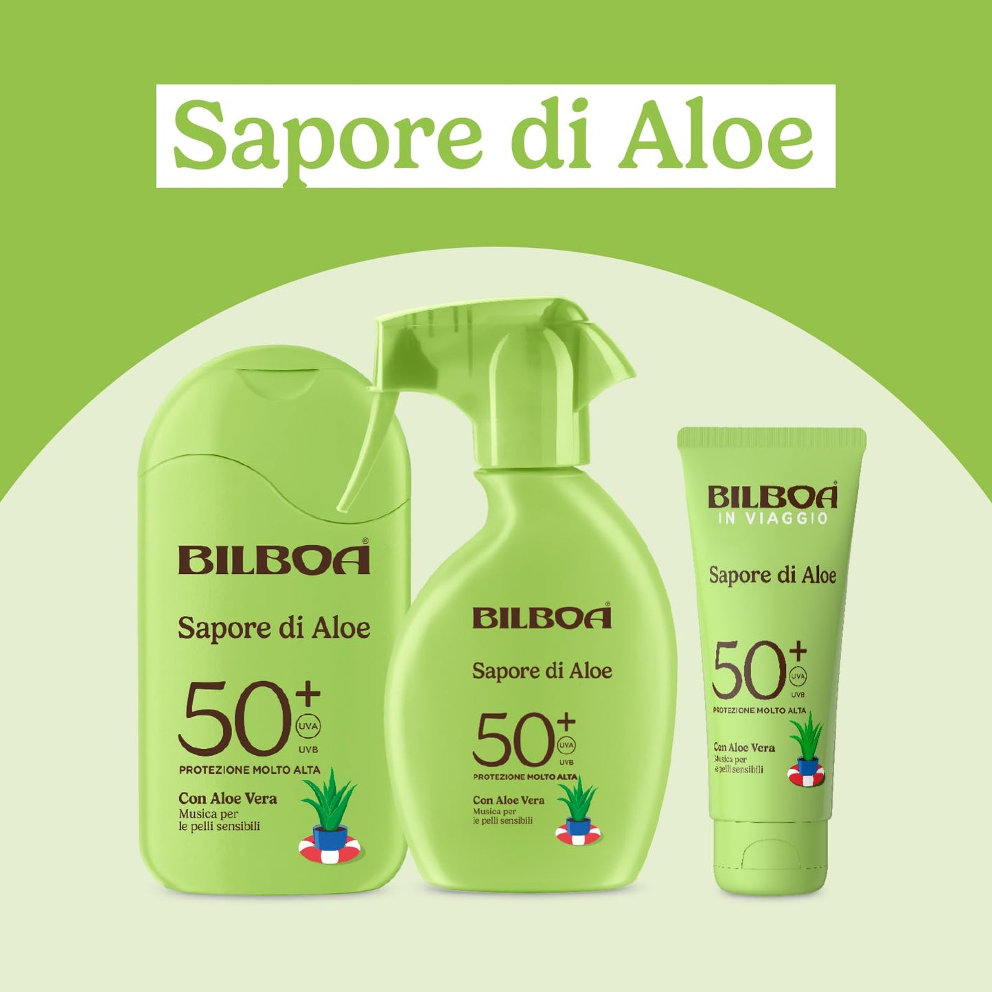 Bilboa Sapore di Aloe Stick Solare SPF 50+, con Aloe Vera, Musica per le Pelli Sensibili, Resistente all'Acqua, Dermatologicamente Testato - 10 ml