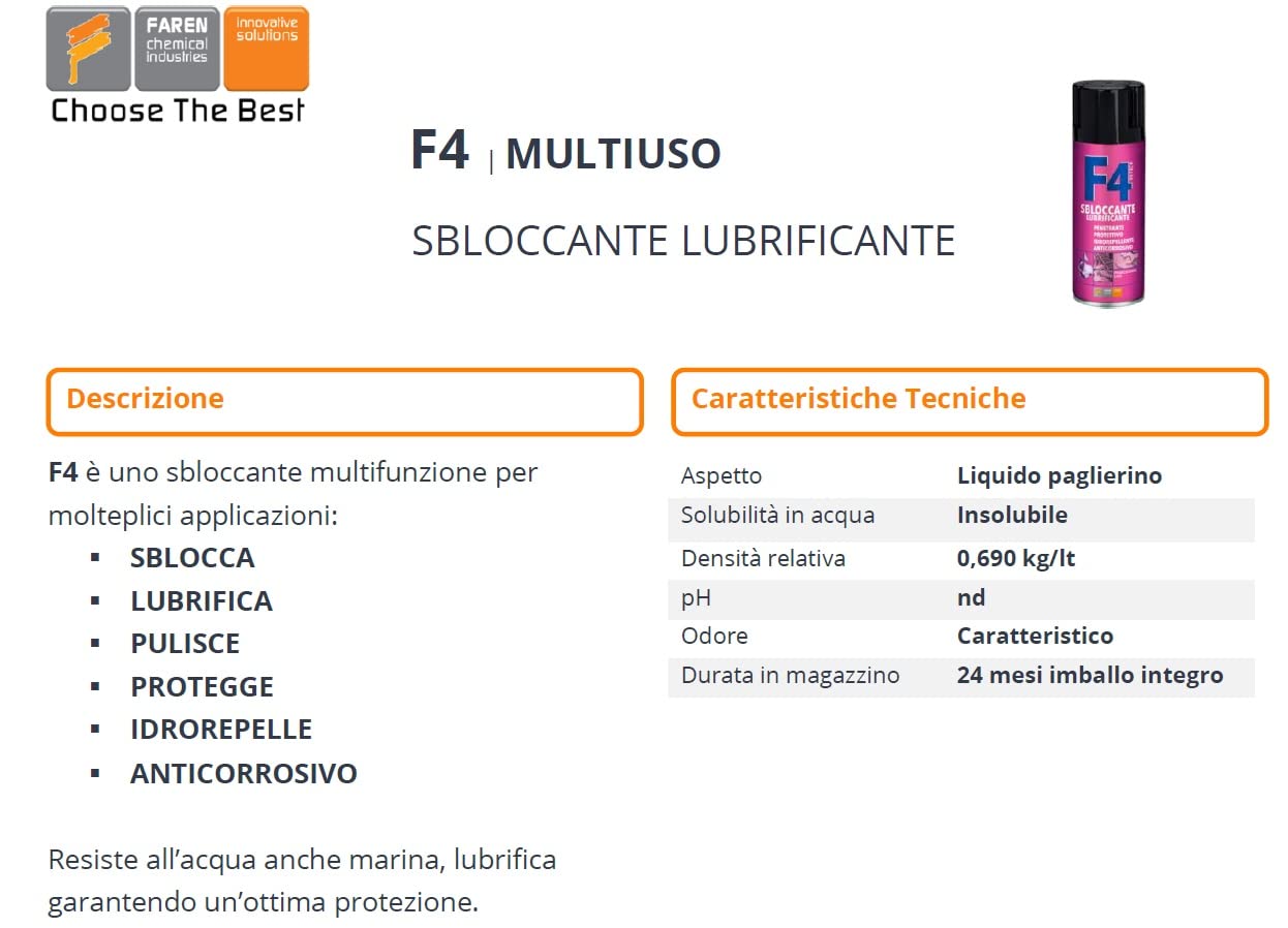 Faren F4, Sbloccante Lubrificante Multifunzione Spray,Penetrante, Idrorepelle, Anticorrosivo,ideale per bulloni, serrature,meccanismi da ruggine, ingranaggi etc., 400ml