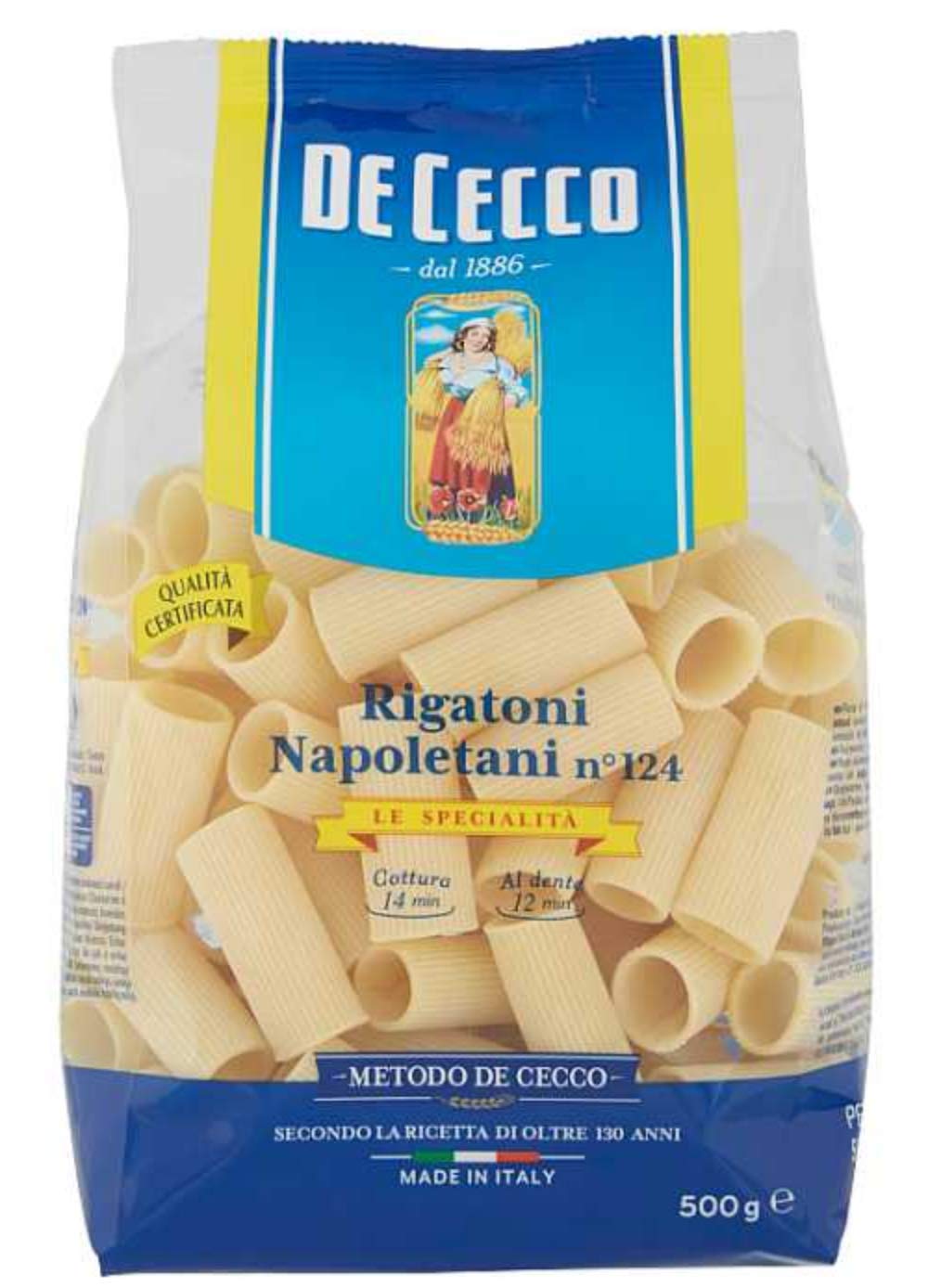 De Cecco Rigatoni Napoletani Pasta Corta 500 gr, Confezione da 4