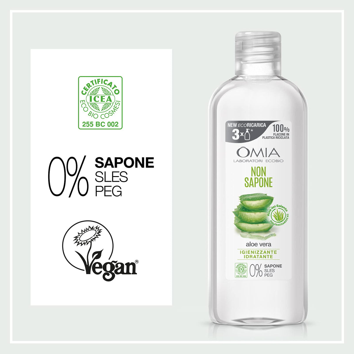 Omia - Non Sapone Eco Bio con Aloe Vera del Salento, Sapone Liquido per le Mani e per il Viso, Azione Idratante, Addolcente e Rinfrescante, Dermatologicamente Testato - Flacone da 750 ml