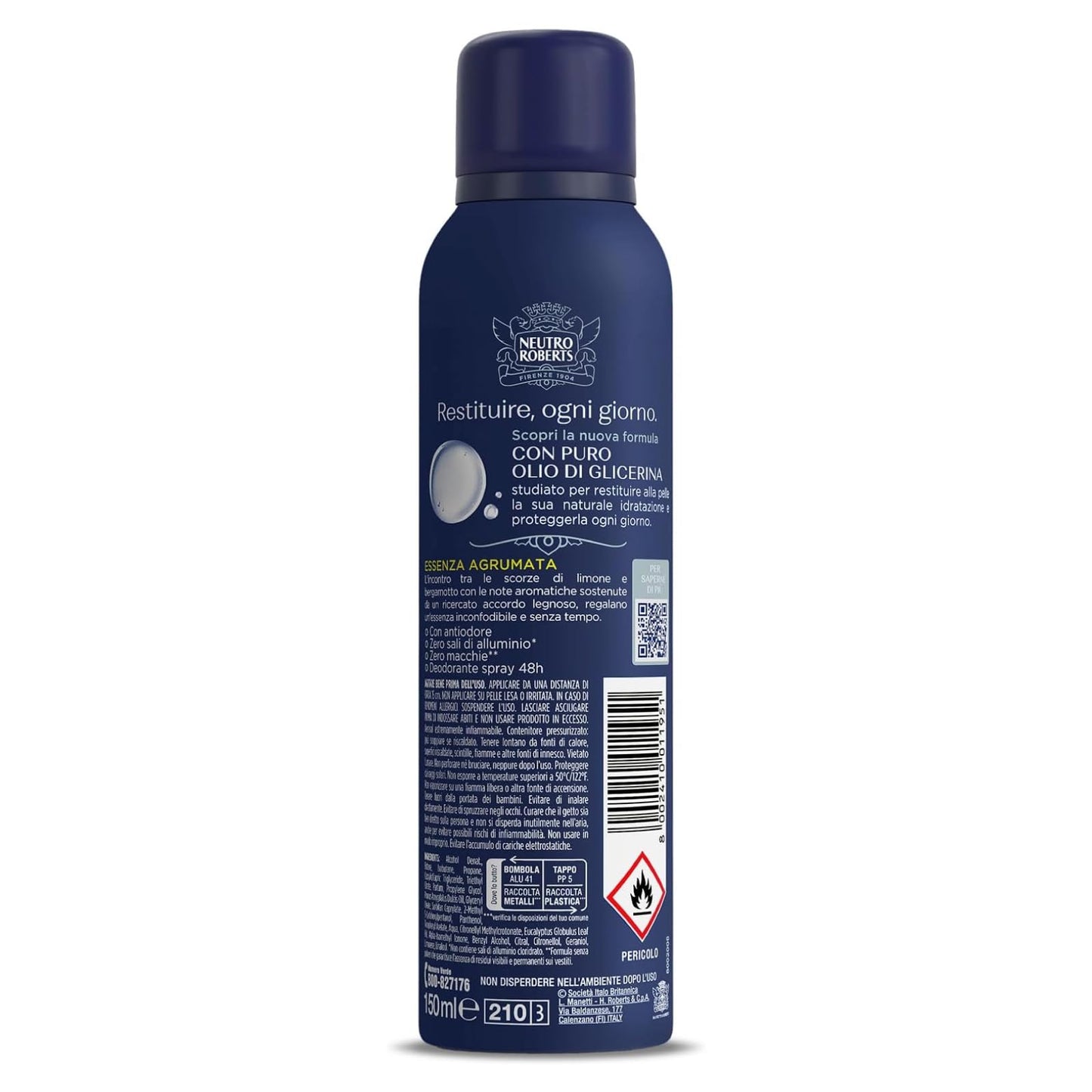 6x Neutro Roberts Deodorante Spray Uomo Fresco Zero Sali Efficace 48h Essenza Agrumata - 6 Flaconi da 150ml ognuno