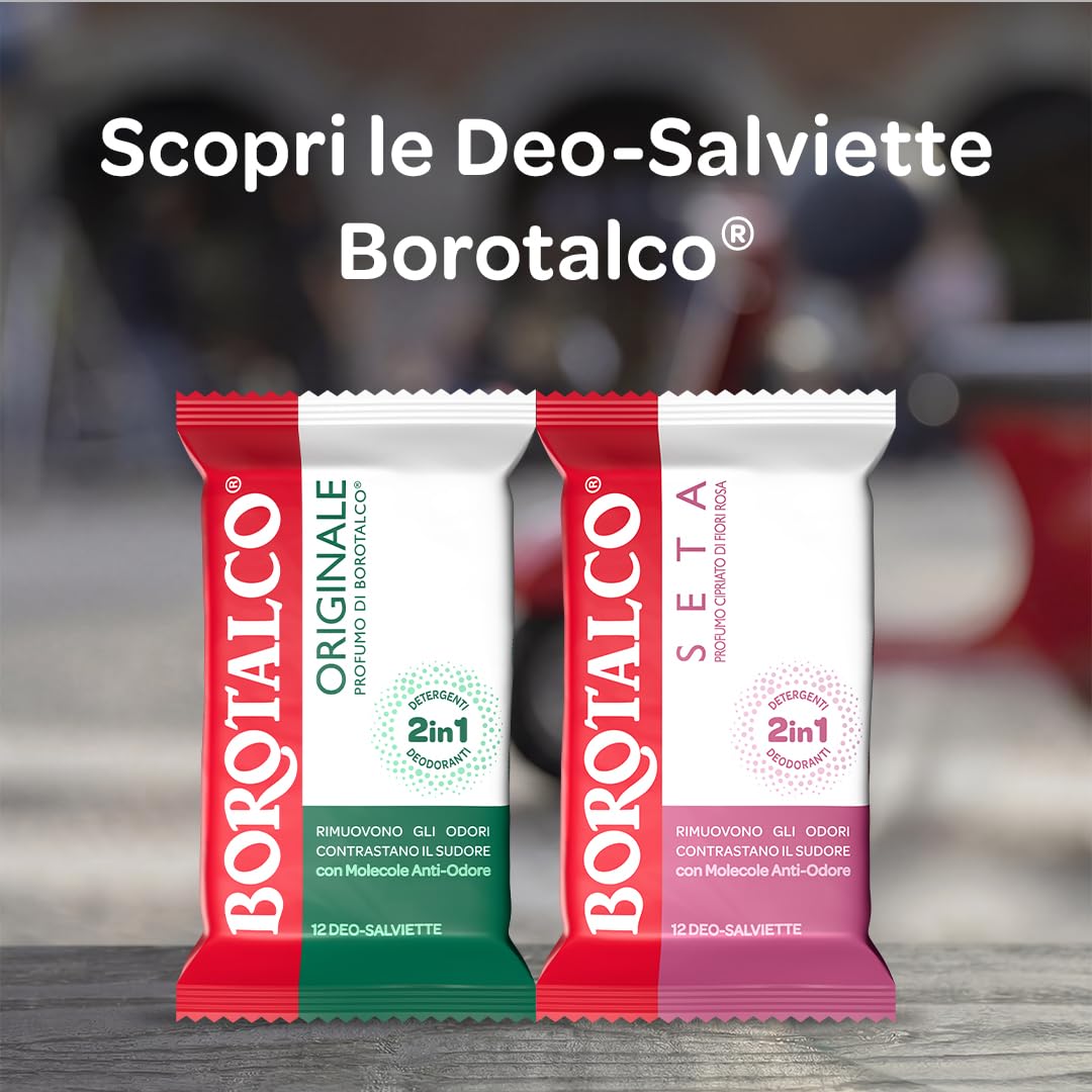 Borotalco, Deo-Salviette Originale, Salviette Deodoranti e Detergenti 2in1, con Molecole Anti-Odore e Formula Anti-Macchia, Efficacia Deodorante 48h, Ideali per Uso Quotidiano, Confezione da 12 Pz