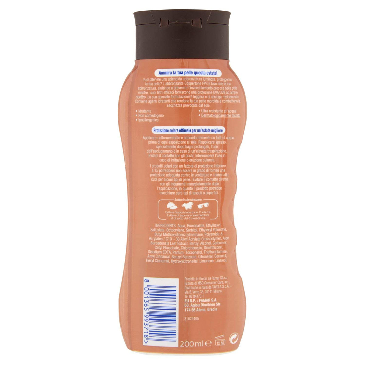 Coppertone, Tanning Crema Abbronzante Fps 6, Antinvecchiamento, Filtri Solari UVA/UVB, Resistente all'Aqcua, Dermatologicamente Testata, 200 ml