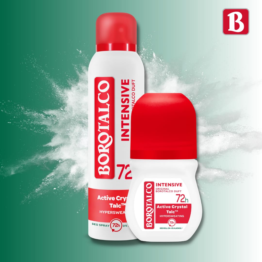 Borotalco Deodorante Roll-On Intensive 6 x 50 ml – 72 ore di efficacia – Formula con Active Crystal Talc per tripla protezione contro il sudore – 0% alcol – Deodorante per uomo e donna