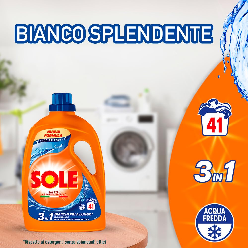 Sole Detersivo Lavatrice Bianco splendente 205 Lavaggi, (5x41), Formula igienizzante, Detersivo Lavatrice Liquido Bianco Splendente, rimuove le macchie a basse temperature