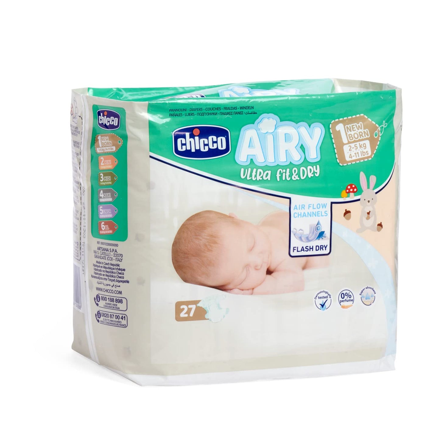 Chicco Airy Ultra Fit&Dry New Born Taglia 1 Pannolini per Bimbi 2-5 kg, 27 Pezzi