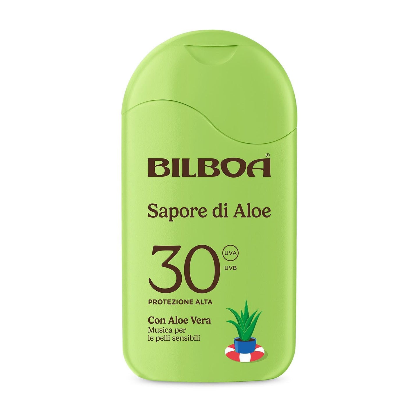 Bilboa Sapore di Aloe Latte Solare SPF 30, con Aloe Vera, Musica per le Pelli Sensibili, Resistente all'Acqua, Dermatologicamente Testato - 200 ml