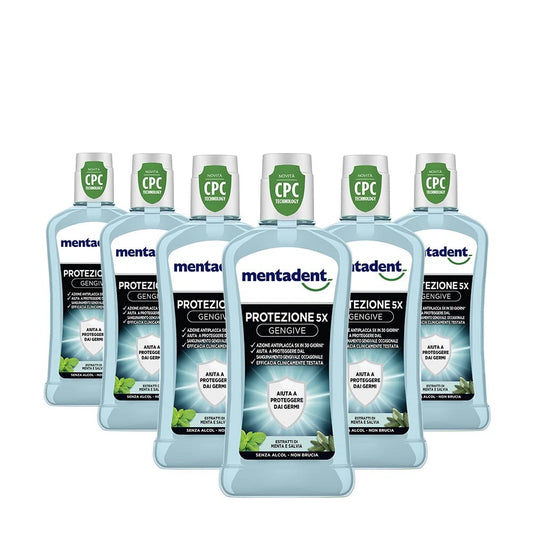 Mentadent Collutorio Protezione 5x Gengive con CPC contro il sanguinamento gengivale occasionale, 6 pezzi da 400 ml