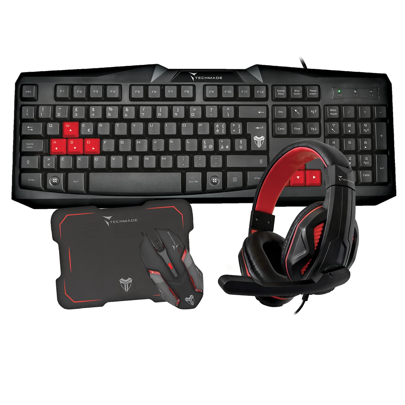 KIT GAMING TECHMADE 4 IN 1 TASTIERA COMODA E SILENZIOSA -MOUSE CON SENSORE OTTICO -CUFFIE CON CONNETTORE JACK-PAD