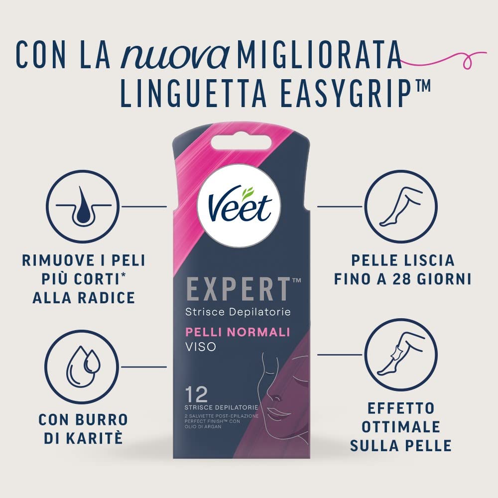 Veet Expert Strisce Depilatorie Viso, Ceretta per Pelli Normali con Burro di Karitè, Dermatologicamente Testate, 12 Strisce (6x2 Strisce) + 2 Salviette Post-Epilazione con Olio D'Argan