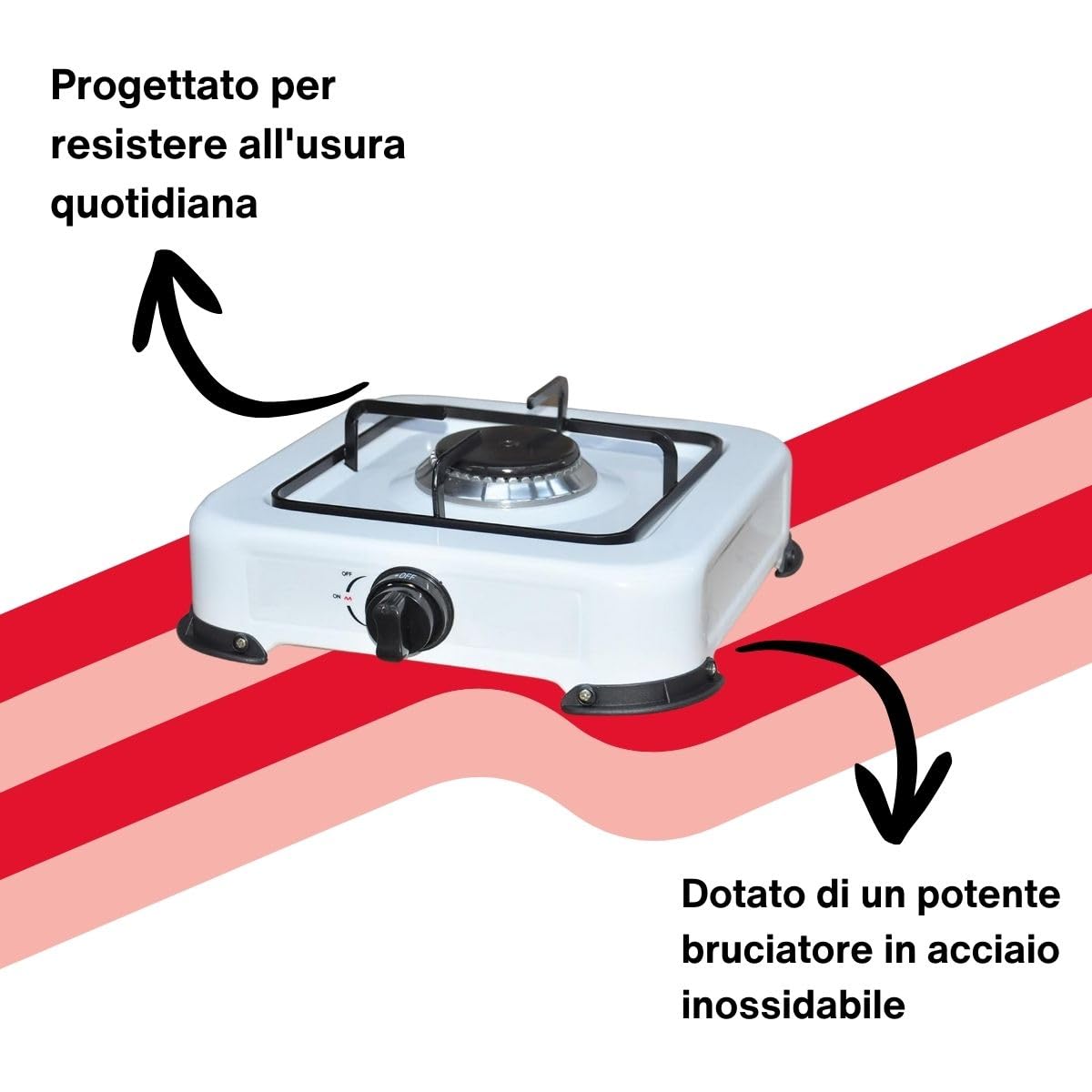 Fornello a Gas GPL 27x27x8 cm Kasart - Bruciatore in Acciaio Inox da 1,1 kW Leggero e Facile da Trasportare, Struttura in Acciaio Smaltato con Piedini Antisdrucciolo, Uso Casalingo, Campeggi, Picnic