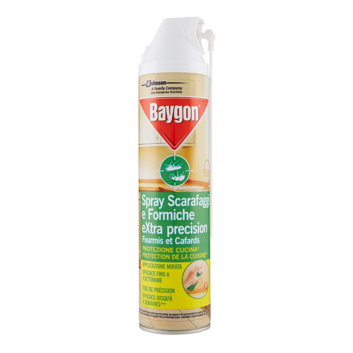 Baygon Spray con Cannuccia Extra Precision, Efficacie contro Scarafaggi e Formiche, Protezione Continua fino a 4 Settimane, 1 Confezione da 400 ml