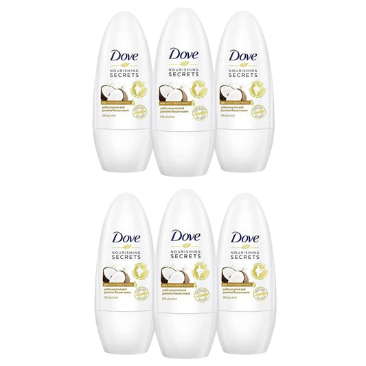 Dove - Detergente rigenerante Ritual al al profumo di cocco e fiori di gelsomino 0% deodorante Roll-On, confezione da 6 (6 x 50 ml)