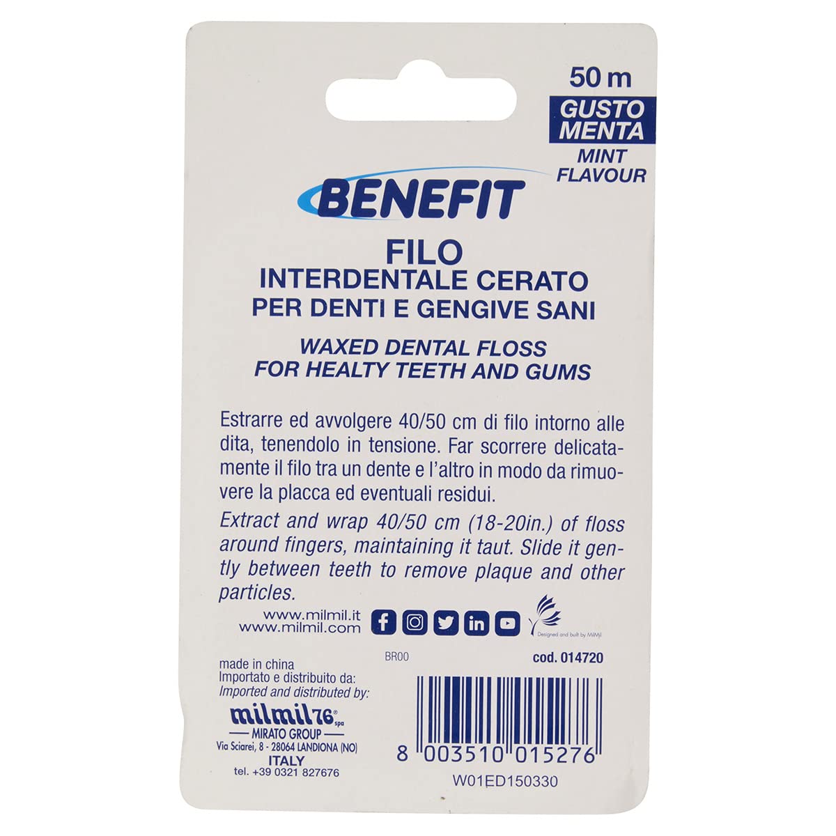 Benefit Filo Interdentale Cerato per Denti e Gengive Sani, Gusto Menta, Anti Sfilacciamento - 50 Metri