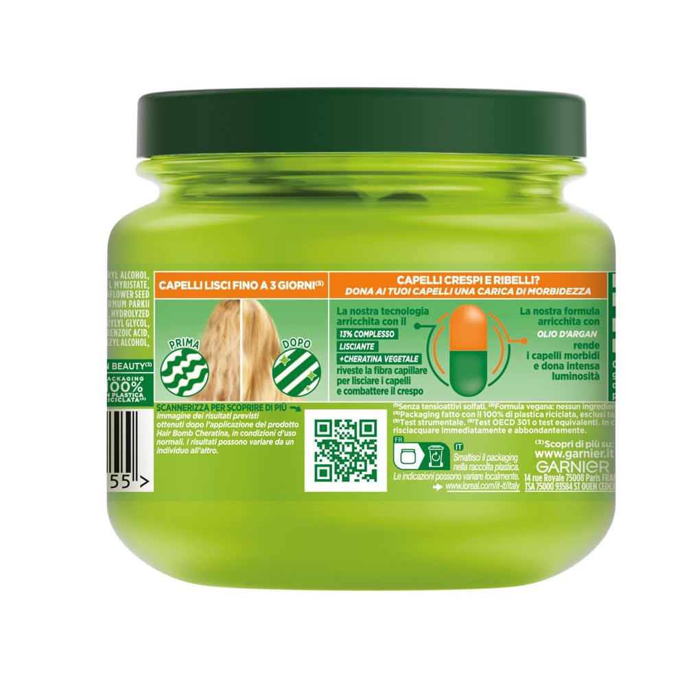 Garnier Fructis Maschera Ultra Lisciante, Per Capelli Crespi e ribelli, Effetto Luminoso, Con Olio di Argan e Cheratina Vegetale, Hydra Liss & Shine, 320 ml