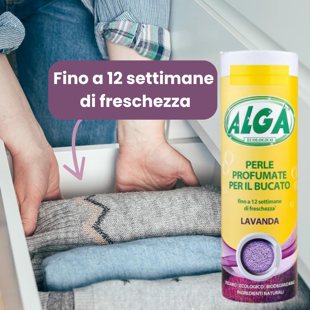 ALGA BIO - Perle Profumate per Bucato Profumo Lavanda, Fragranza Intensa e Duratura fino a 12 Settimane, Vegano, Adatte a Tutti i Tessuti 275g