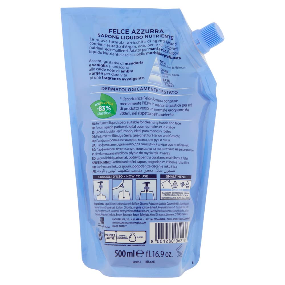 3 x Paglieri Felce Azzurra Ecoricarica Sapone Nutriente Ambra e Argan Sapone Liquido 500 ml