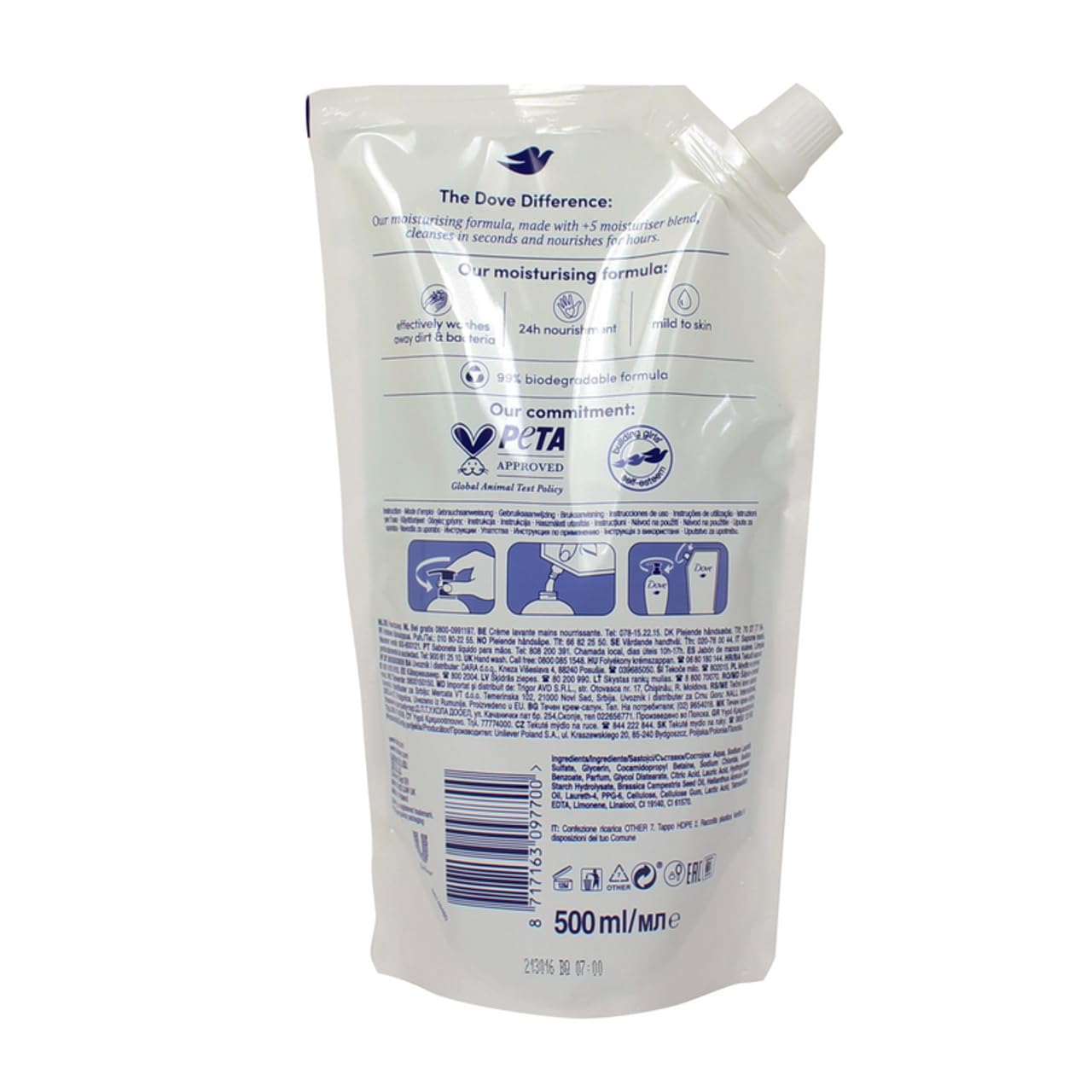 Dove Pflegende Lozione per lavaggio a mano Gurke e Grüner Tee con 1/4 di freno per idratazione, confezione da 500 ml (1 confezione da 500 ml)