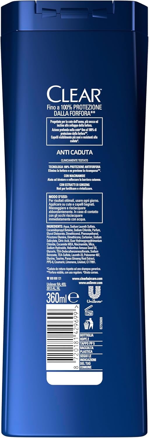 Clear Men Shampoo Antiforfora per capelli fragili Anti Caduta fino al 100% di protezione dalla forfora* 6x 360 ml