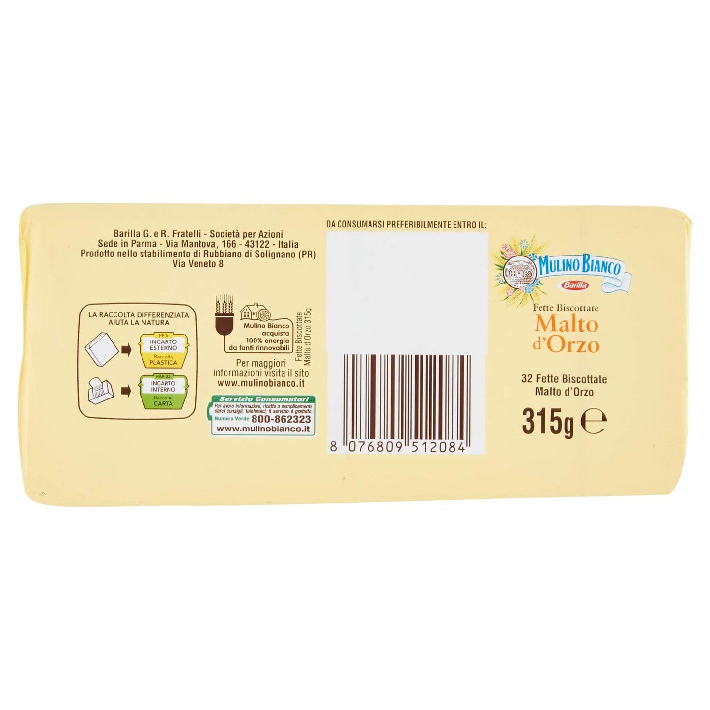 Mulino Bianco - Fette Biscottate, Armonie Malto Orzo - 4 confezioni da 315 g [1260 g]