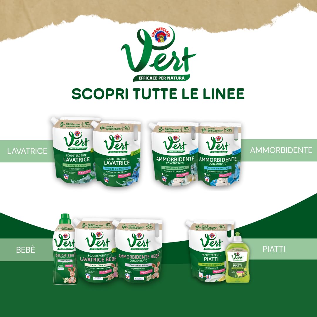 Vert - Ammorbidente Lavatrice Concentrato - Aroma Eucalipto e Fresia, Fragranza di Lunga Durata, 100% Origine Naturale, con Oli Essenziali ed Ipoallergenico - Flacone da 1200 ml, 60 Lavaggi