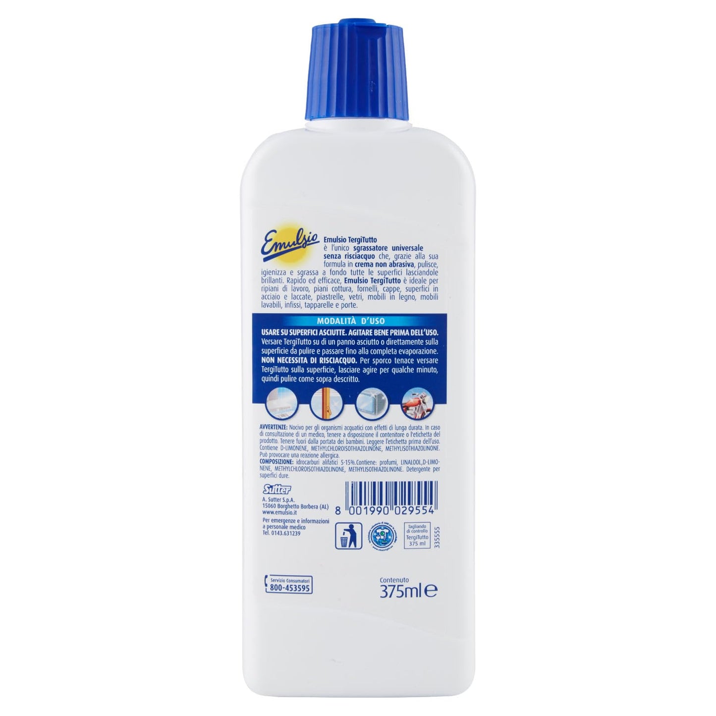 Emulsio Tergi Tutto Sgrassatore Universale in Crema Lucidante Igienizzante Senza Risciacquo per Tutte le Superfici Piano Cottura Fornelli Cappe Infissi Tapparelle - 4 Flaconi da 375ml