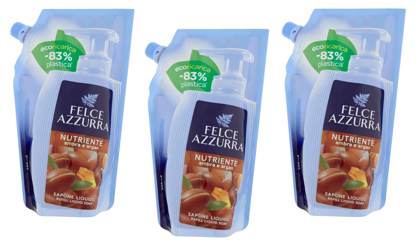3 x Paglieri Felce Azzurra Ecoricarica Sapone Nutriente Ambra e Argan Sapone Liquido 500 ml