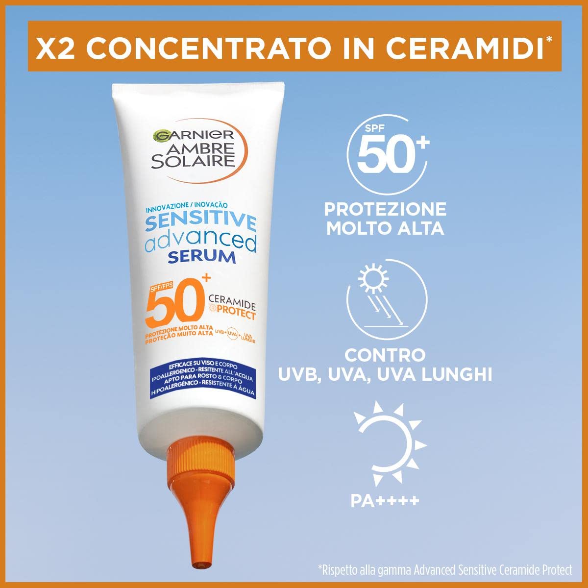 Garnier Siero Corpo Protettivo Sensitive Advanced, Per Pelli Sensibili, Protezione SPF 50+, Resistente All'Acqua, Con x2 Ceramidi, Ambre Solaire, 125 ml