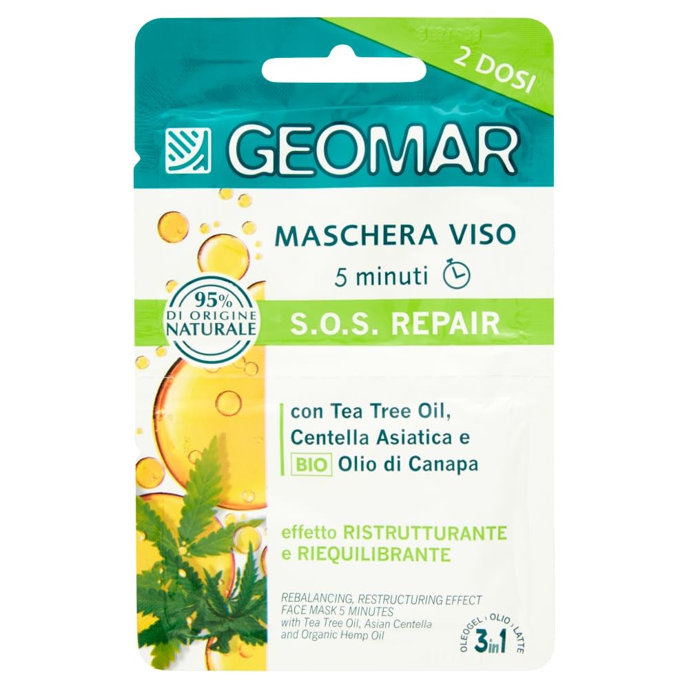 GEOMAR | Maschera Viso S,O,S, Repair, Effetto Ristrutturante e Riequilibrante, 5 minuti, 95% di Origine Naturale, Dermatologicamente Testata, 6 x 15 ml