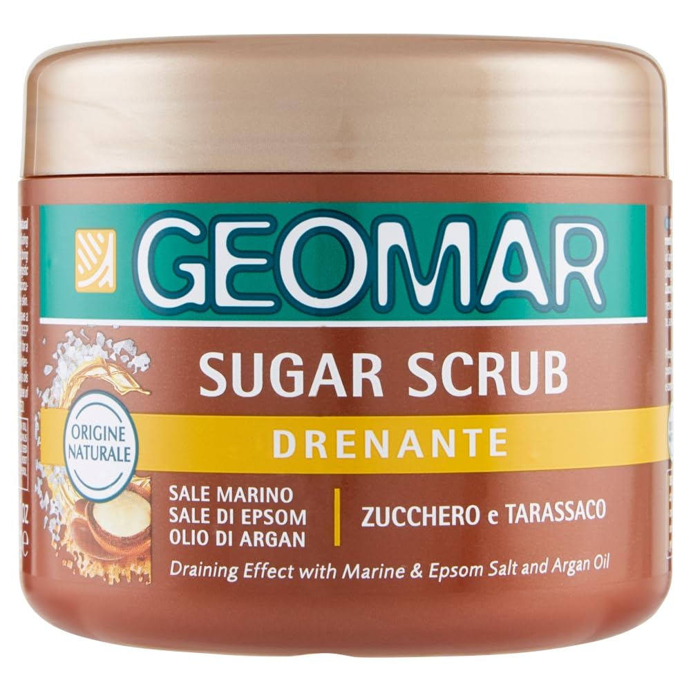GEOMAR | Sugar Scrub Corpo Drenante, Con Sale Marino, Sale di Epsom, Olio di Argan ed estratti di Zucchero e Tarassaco, 95% di Origine Naturale, Made in Italy, 600 g