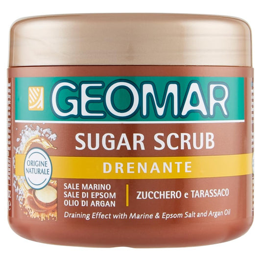 GEOMAR | Sugar Scrub Corpo Drenante, Con Sale Marino, Sale di Epsom, Olio di Argan ed estratti di Zucchero e Tarassaco, 95% di Origine Naturale, Made in Italy, 600 g