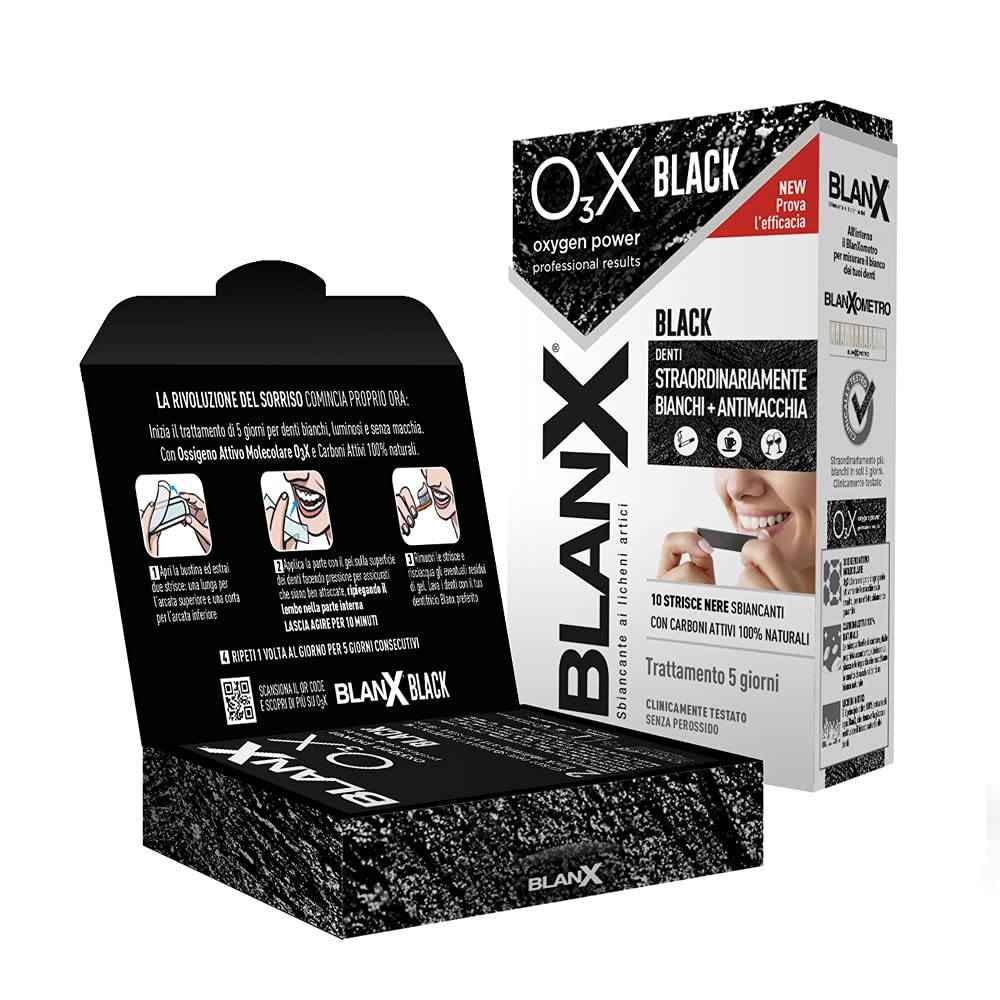 BlanX, 10 Strisce per lo Sbiancamento dei Denti e Antimacchia OX3 Black, con Carboni Attivi 100% Naturali, Denti Straordinariamente Bianchi, Luminosi e Senza Macchia