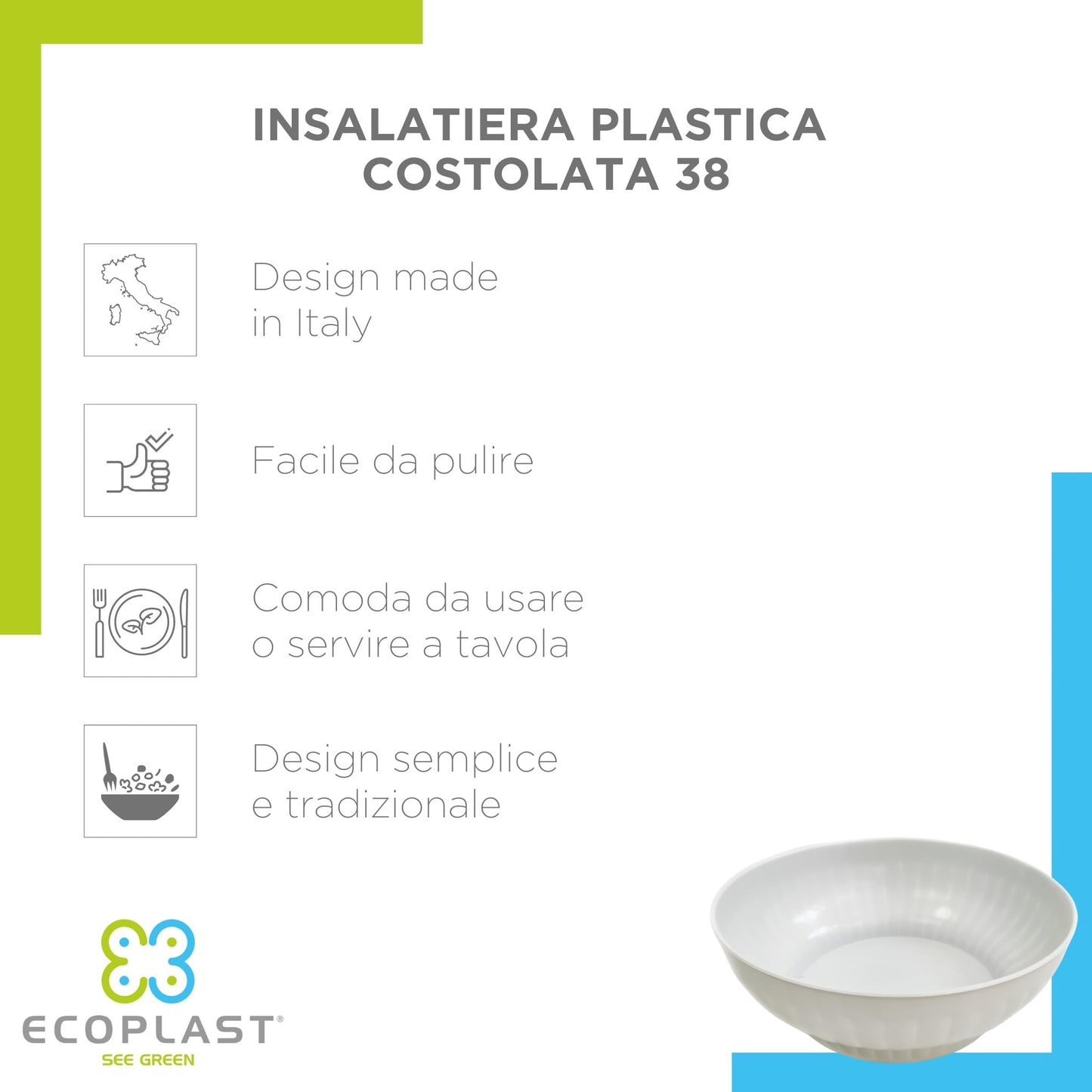 Ecoplast | Insalatiera in Plastica Costolata 7,5 Lt, Ciotola Cucina Bianca, ø38, Made in Italy