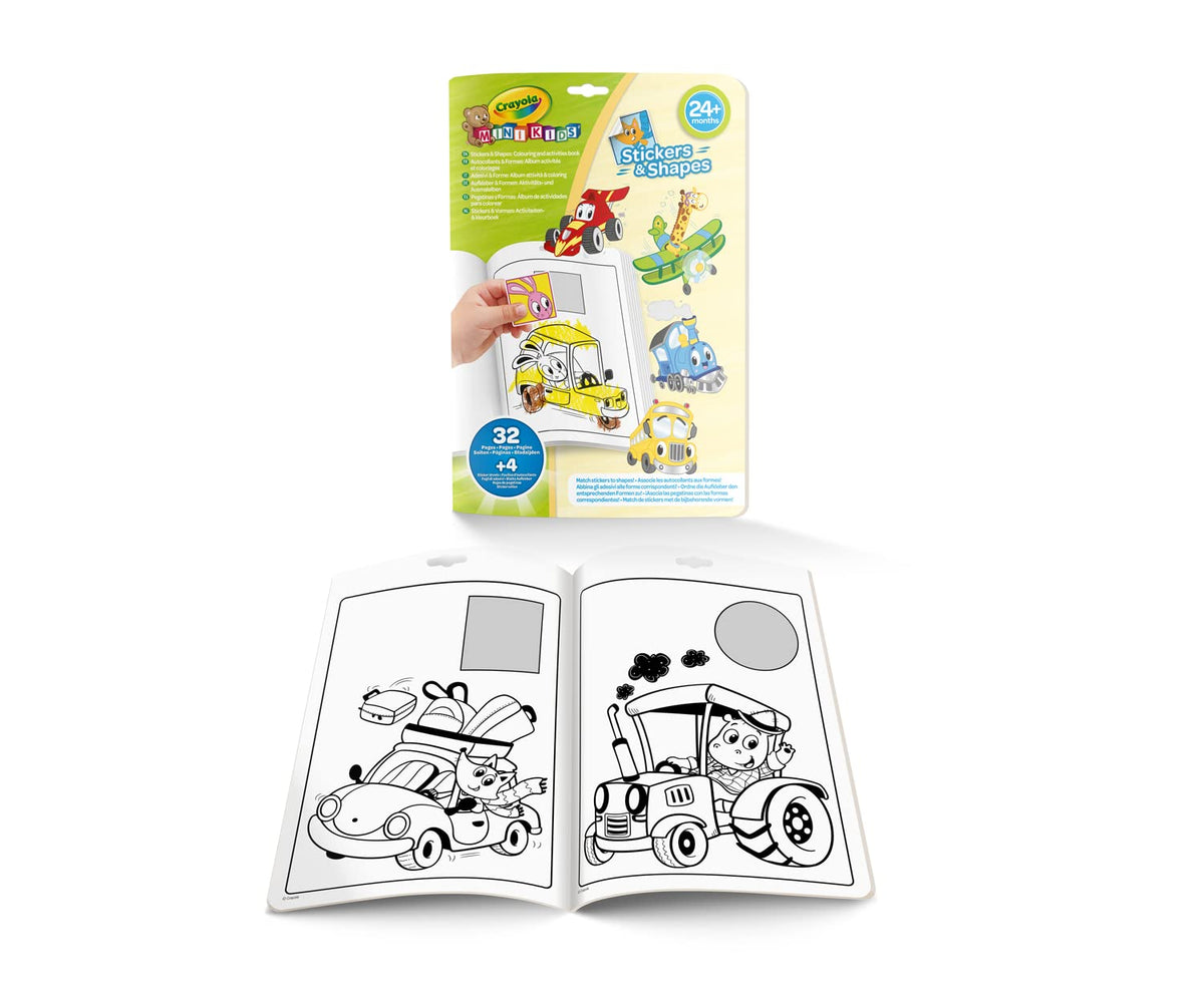 CRAYOLA Mini Kids, Album Adesivi & Forme Veicoli Stravaganti, 32 Pagine da Colorare e 4 Fogli di Adesivi, Attività Creativa per Bambini, età 2+, 25-6938G