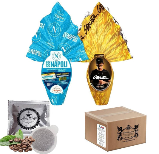 COMBO Uovo di Pasqua con SSC Napoli + Geolier al Cioccolato al Latte con Sorpresa Ufficiale, Pasqua 2025, 220g (TOTALE 2 UOVA) + OMAGGIO 2 CIALDE LUCKY CAFFE'