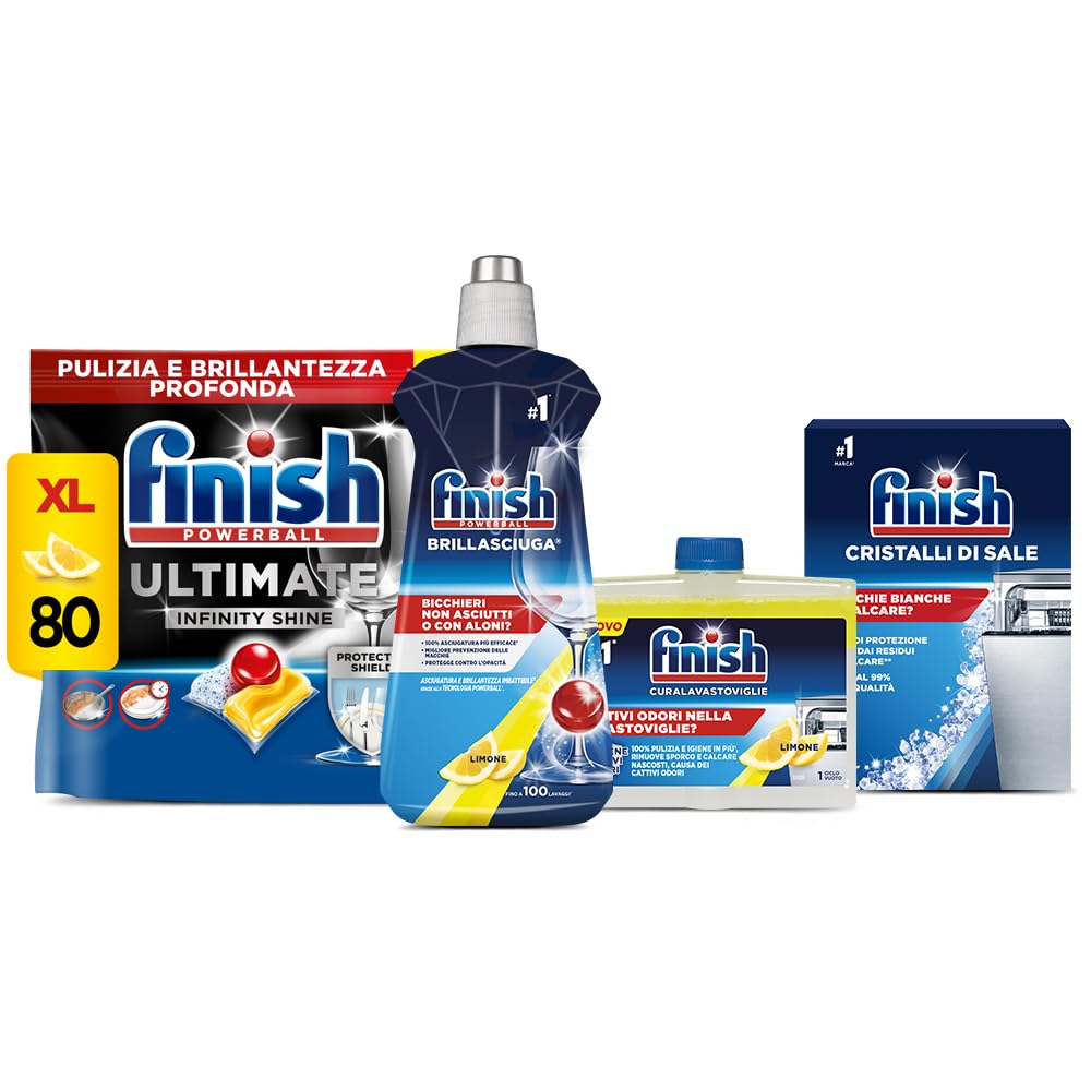 Finish Kit Lavastoviglie, 80 Pastiglie Ultimate Infinity Shine al Limone contro lo Sporco e i Residui Incrostati, Brillantante Lemon 500ml, Curalavastoviglie al Limone 250ml, Cristalli di Sale 1kg