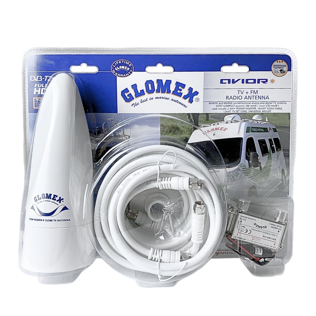 Glomex Antenna TV e FM DVB-T2, 210 mm/8", 24,5 con amplificatore integrato