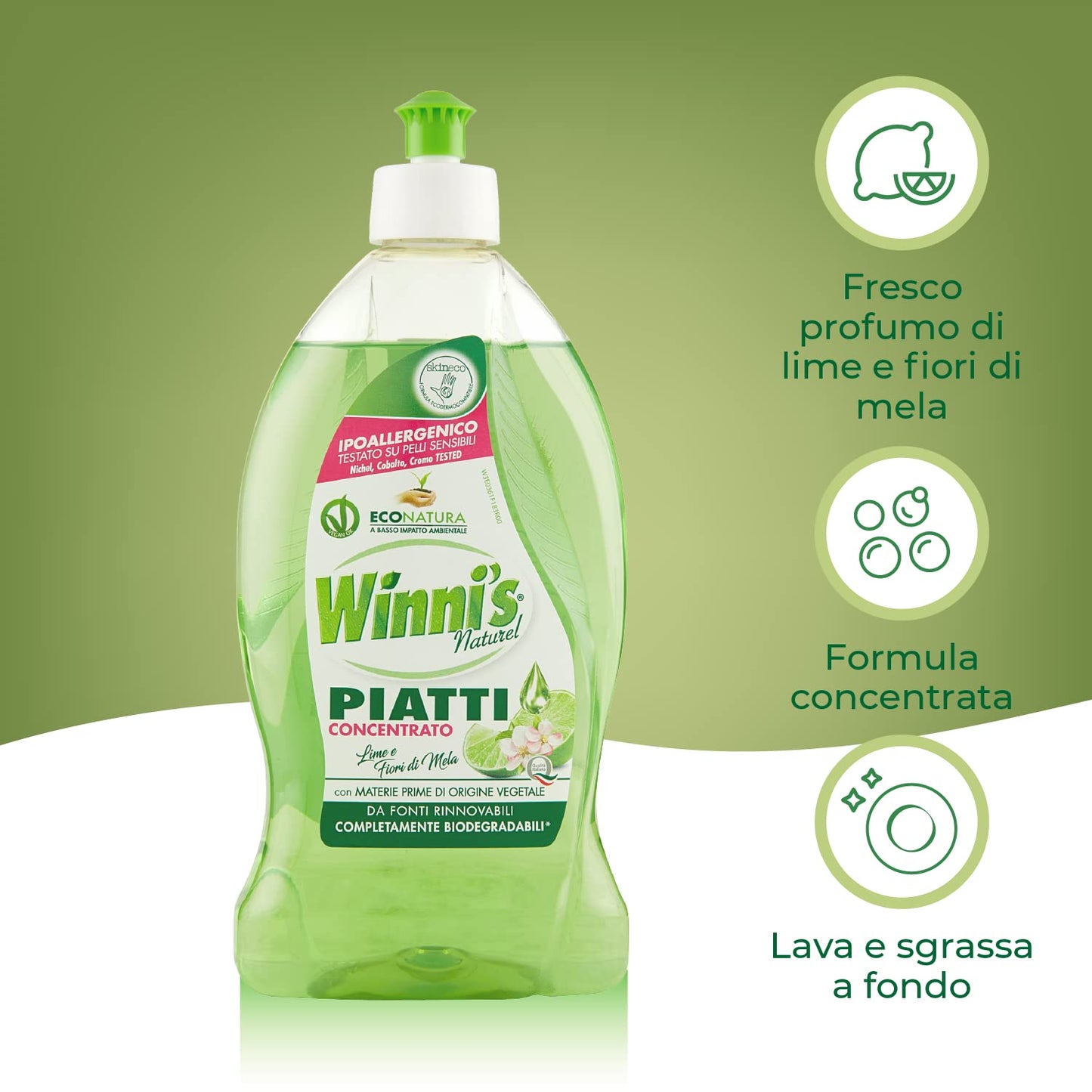 Winni's - Detersivo Piatti e Stoviglie a Mano, Ipoallergenico e Delicato sulla Pelle, Formula Concentrata, Fragranza Lime e Fiori di Mela, con Materie Prime di Origine Vegetale, 500 ml x 12 Confezioni