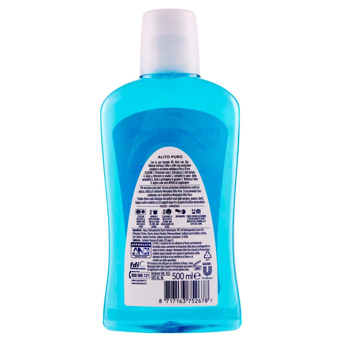 4x Mentadent Collutorio Alito Puro Menta Artica Zero Alcol con Zinc Mineral Antibatterico - 4 Flaconi da 500 ml ognuno