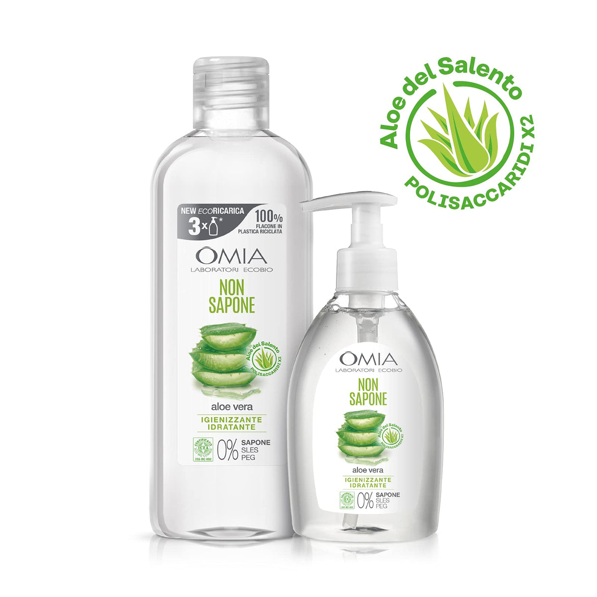 Omia - Non Sapone Eco Bio con Aloe Vera del Salento, Sapone Liquido per le Mani e per il Viso, Azione Idratante, Addolcente e Rinfrescante, Dermatologicamente Testato - Flacone da 750 ml